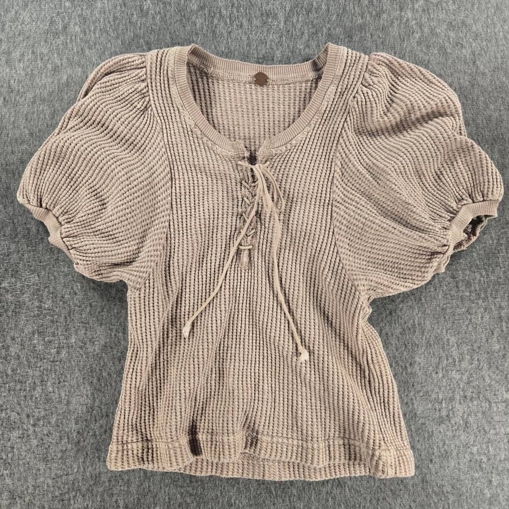 Free People Top Womens Small Brown Waffle Knit Lace Up Puff Sleeve Boho Festival